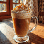 caramel brulee latte in glass mug with whipped cream