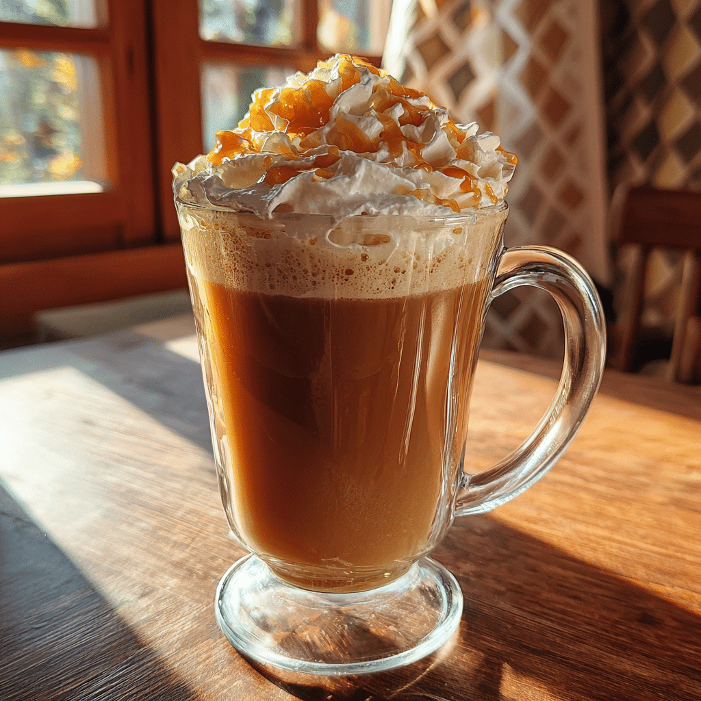caramel brulee latte in glass mug with whipped cream