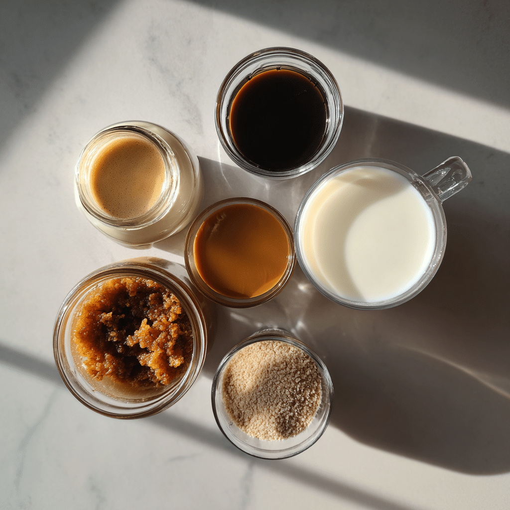 caramel brulee latte ingredients on kitchen counter