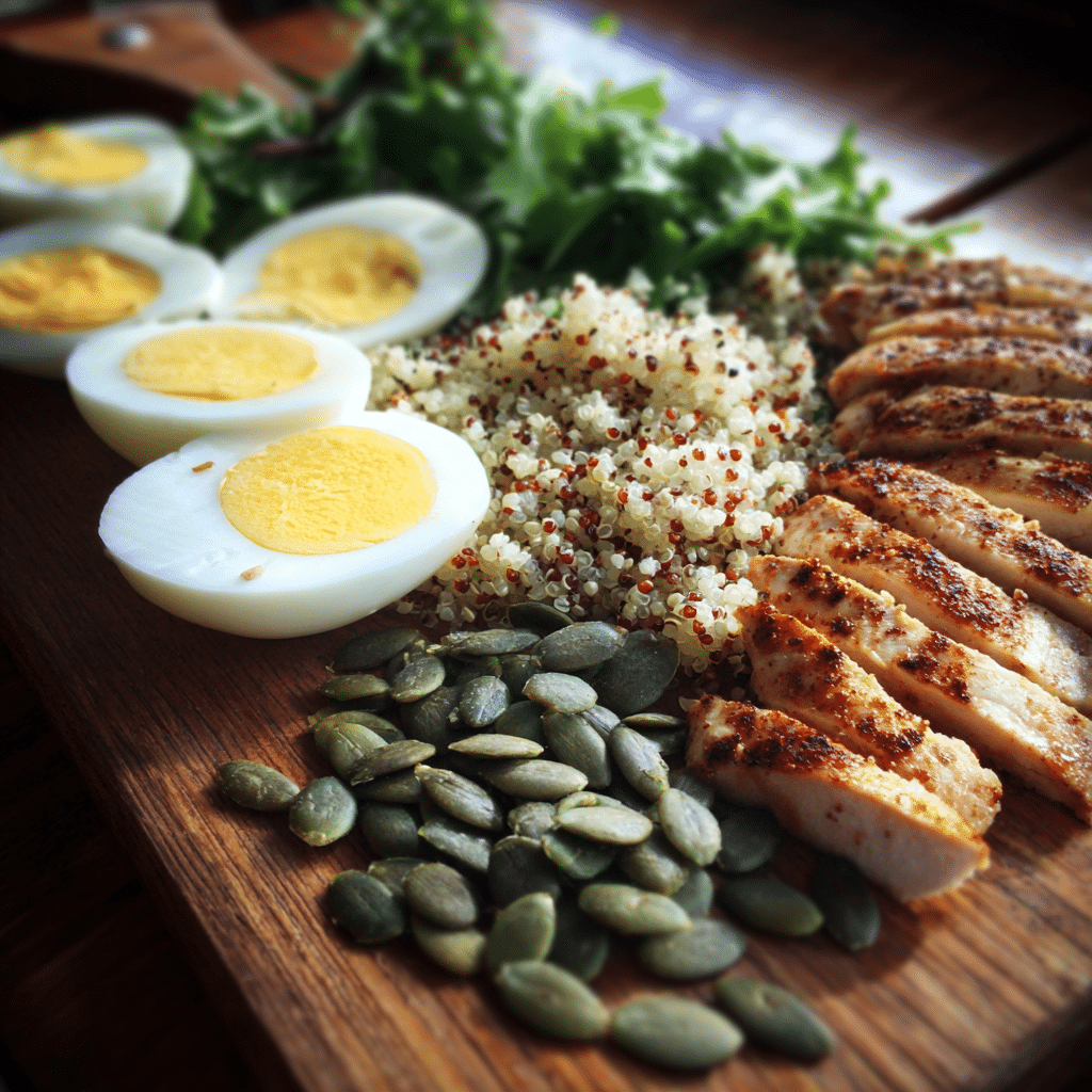 high protein chicken salad ingredients on cutting board