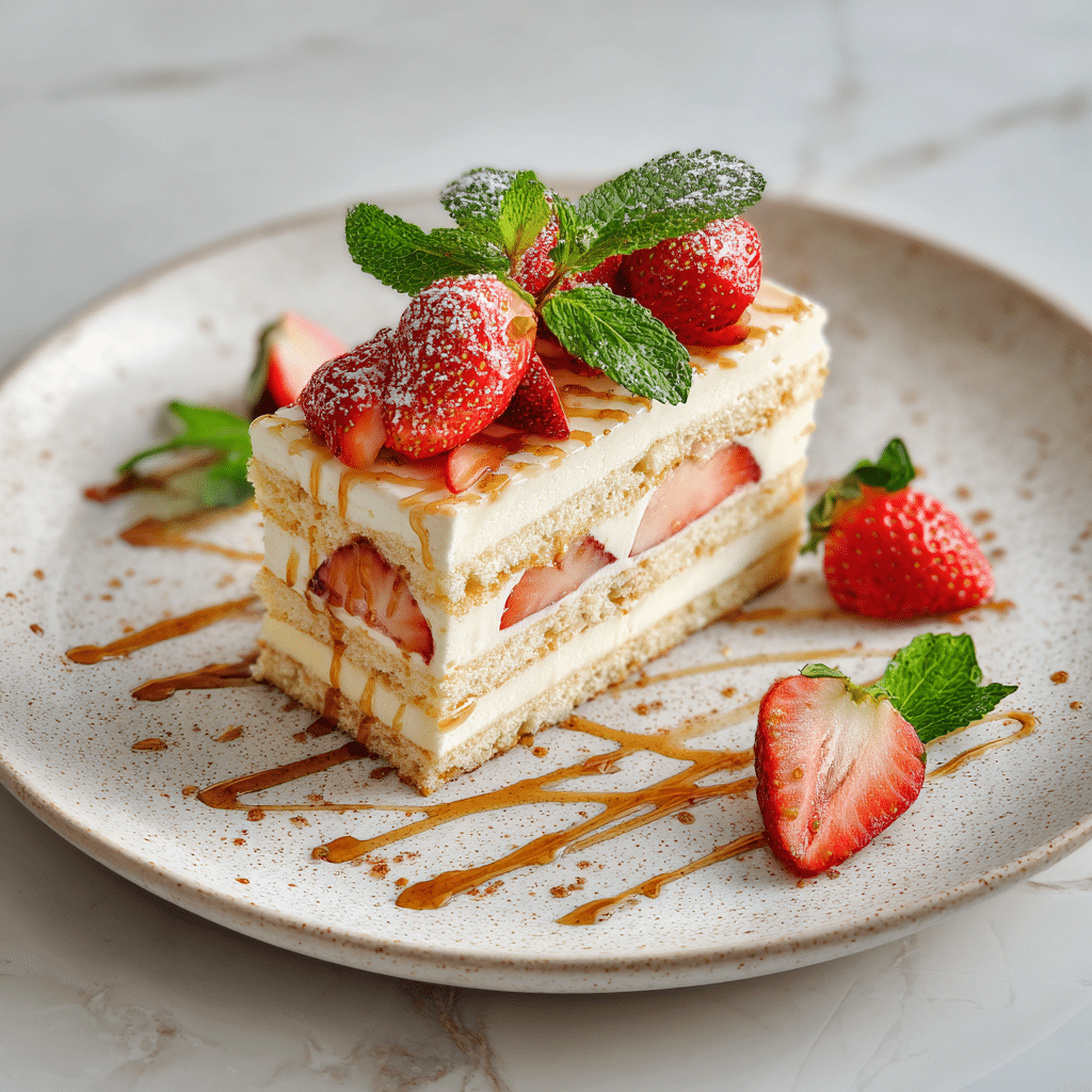 cloud cake slice with fresh strawberries and mint