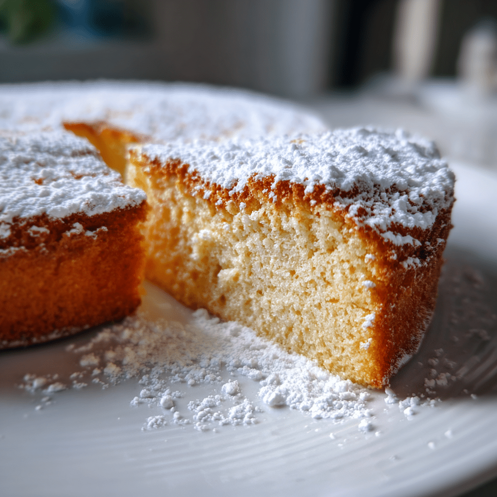 cloud cake topped with powdered sugar on a white plate