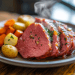 corned beef instant pot dinner plated with vegetables