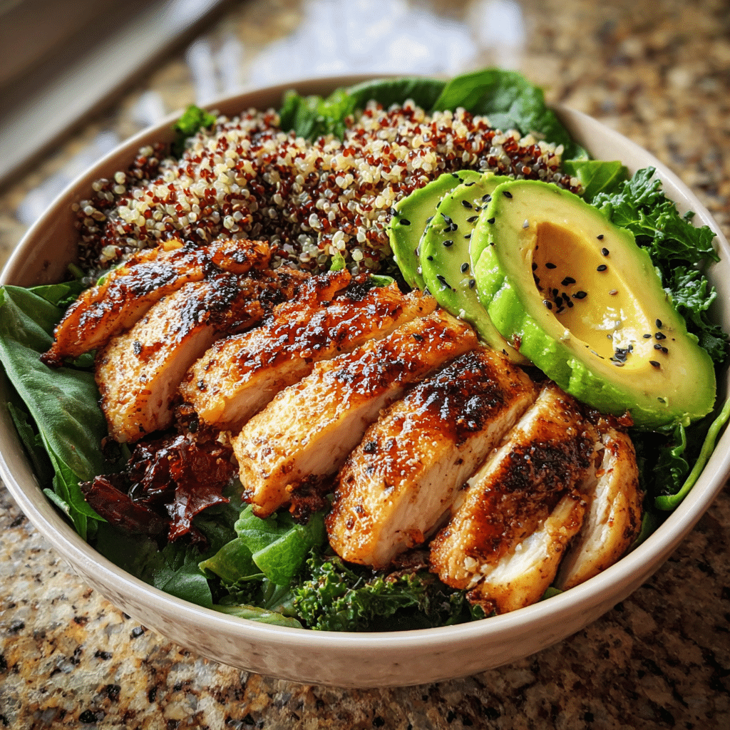 high protein chicken salad with grilled chicken and avocado