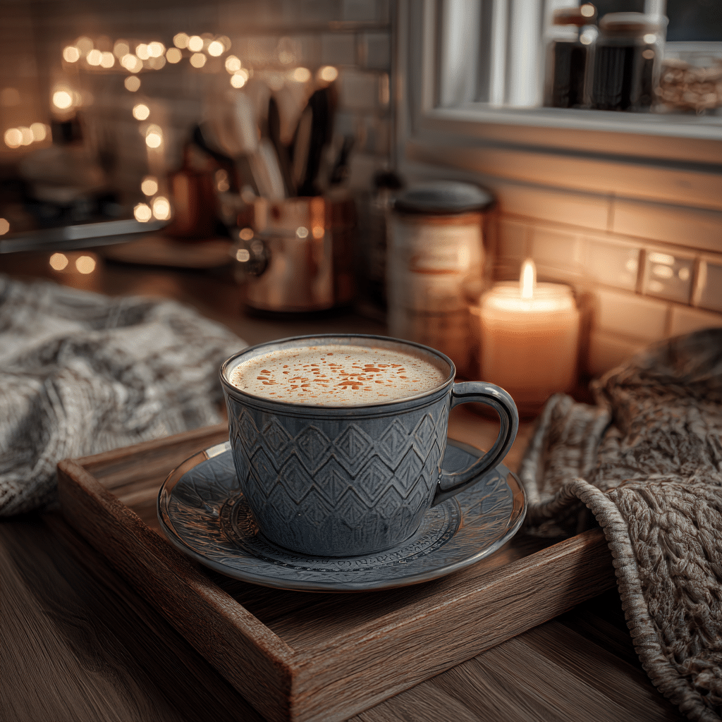 home café setup with caramel brulee latte