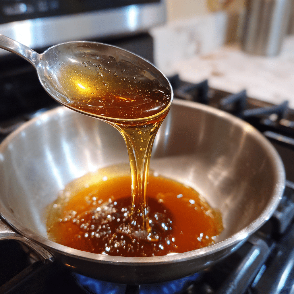 homemade caramel brulee syrup being stirred