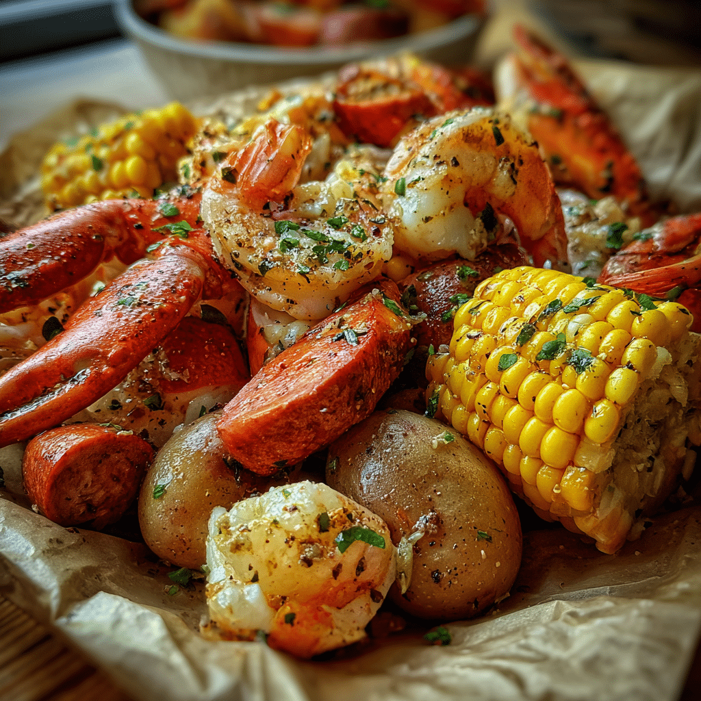 instant-pot-seafood-boil-featured Instant Pot seafood boil served with garlic butter and lemon