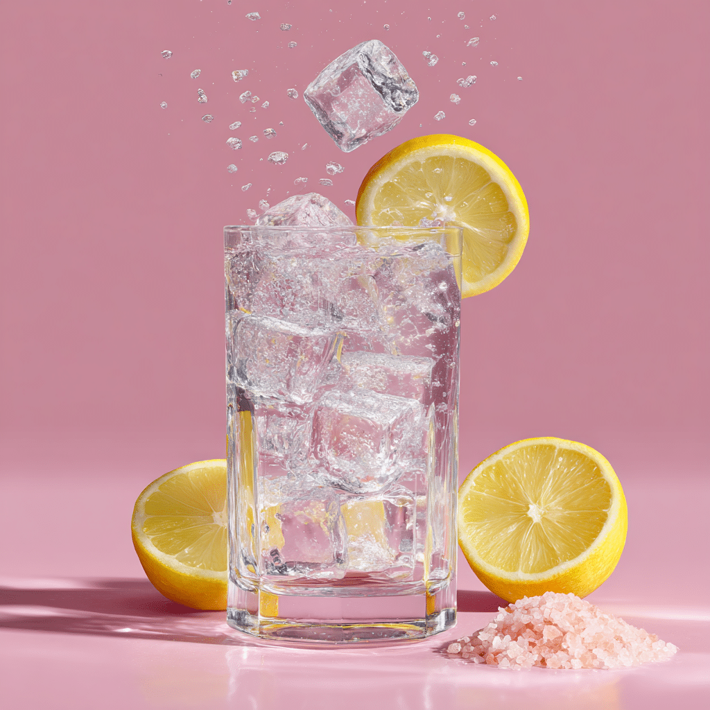 japanese-pink-salt-detox-ice-cubes Japanese pink salt detox ice cubes being added to a glass of water
