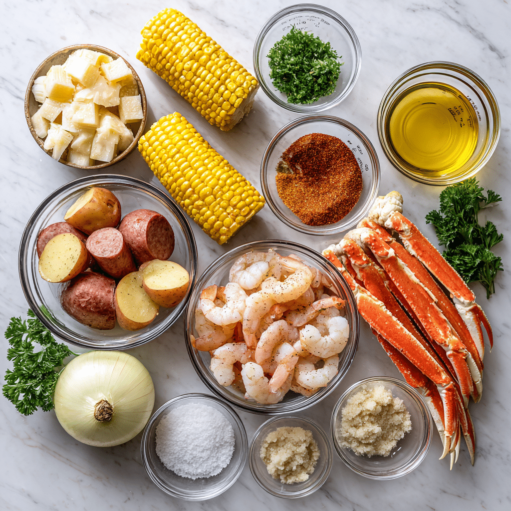 seafood-boil-all-ingredients-instant-pot Instant Pot seafood boil ingredients on kitchen counter