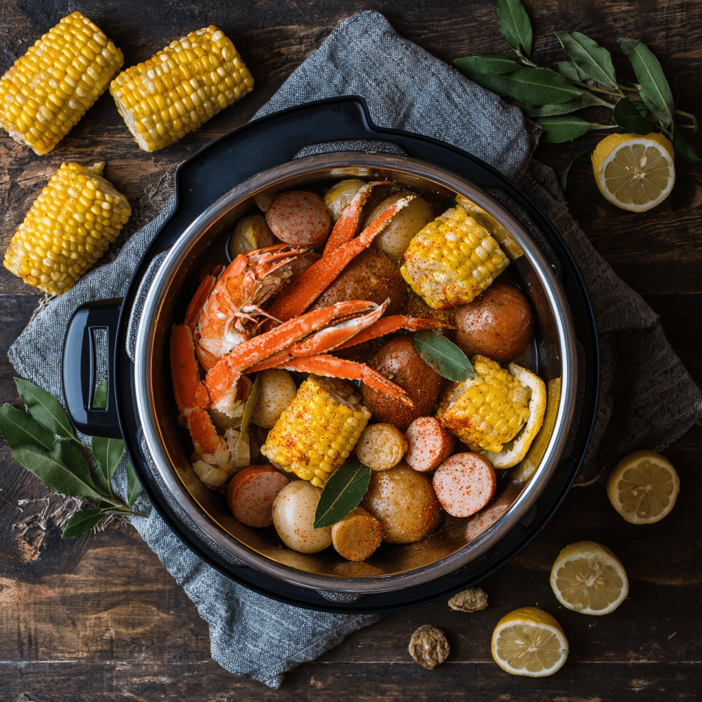 seafood-boil-ingredients-instant-pot Instant Pot seafood boil ingredients on kitchen counter