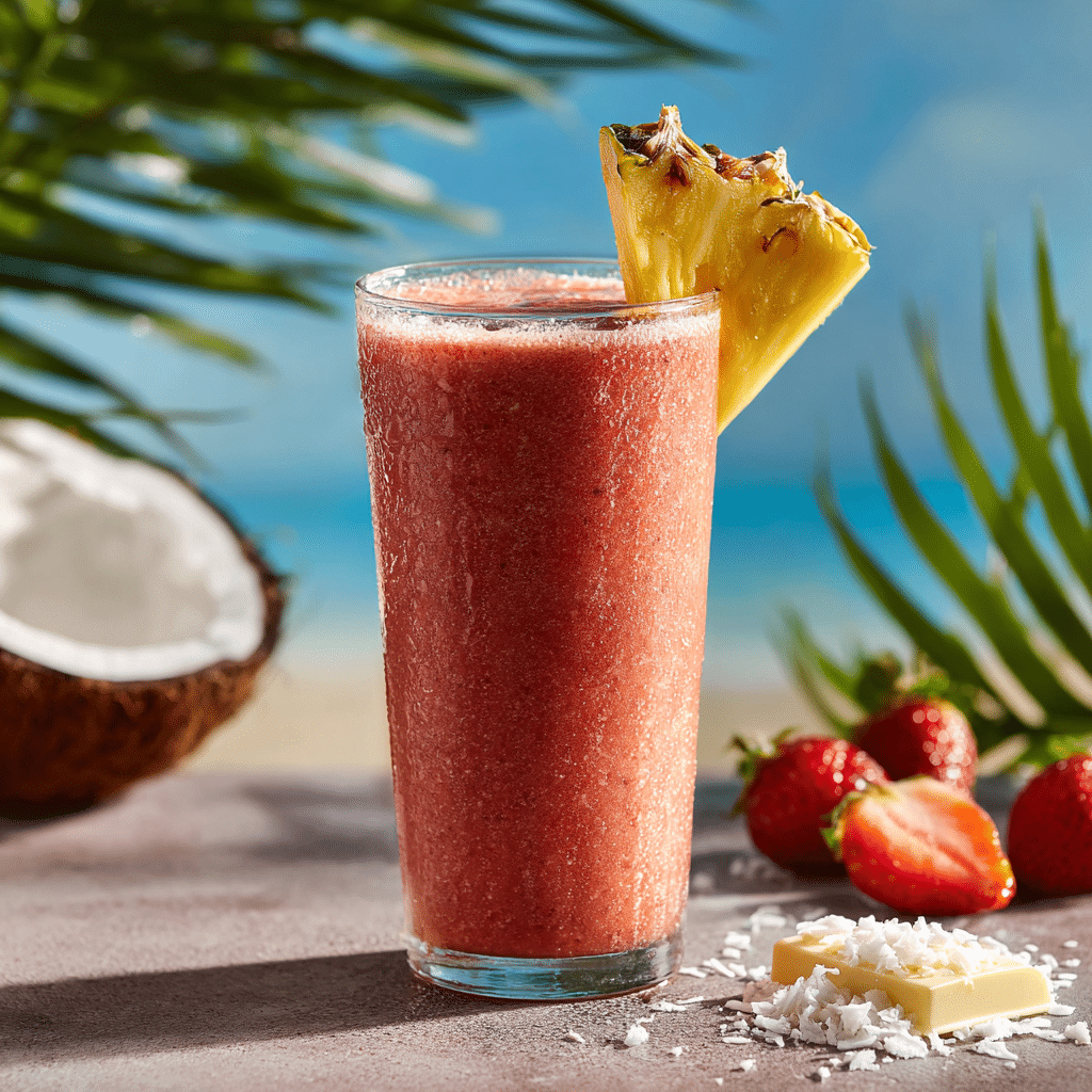 Bahama Mama Tropical Smoothie in a glass with tropical fruits
