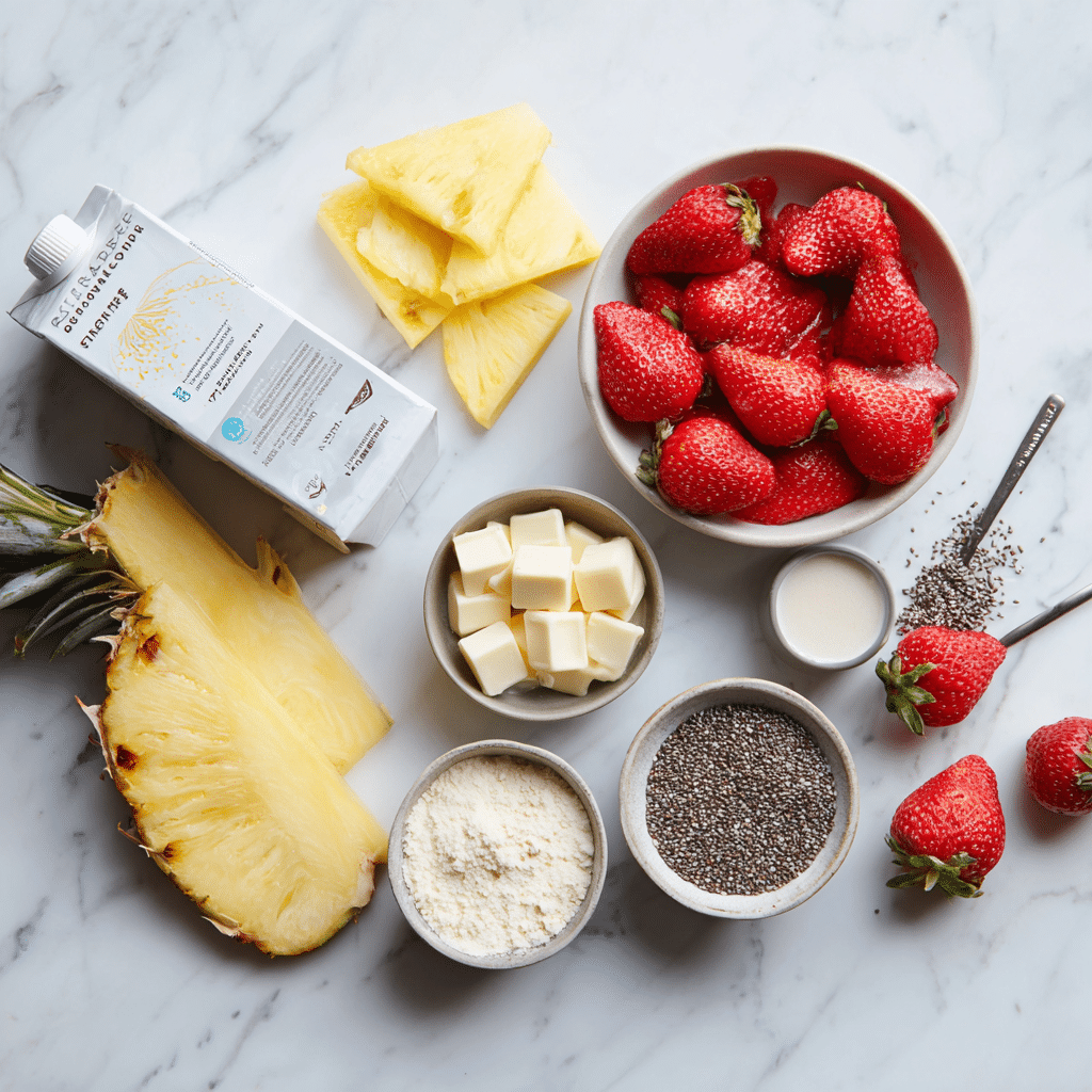 Ingredients for Bahama Mama Tropical Smoothie arranged flat