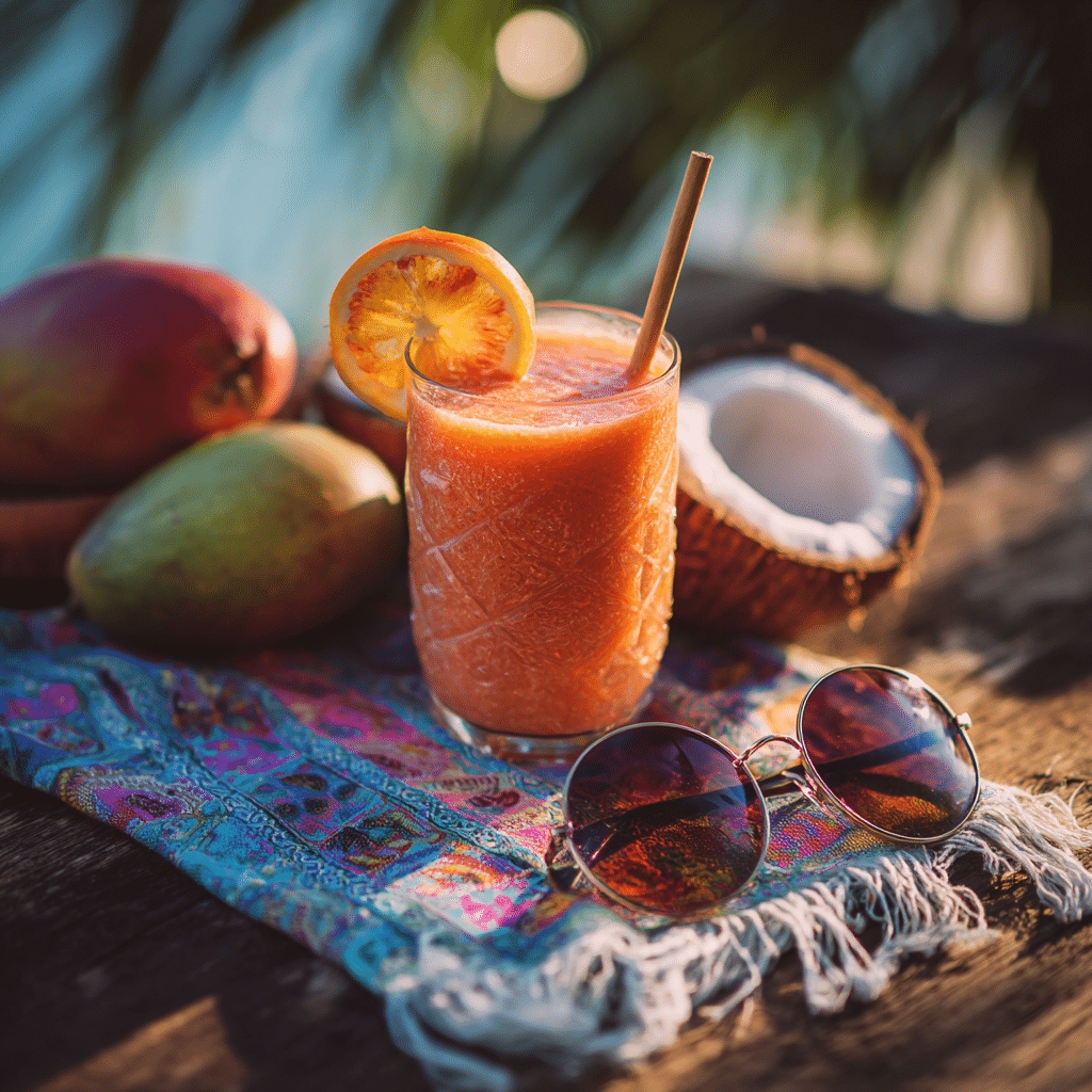Served Bahama Mama Tropical Smoothie with summer decor