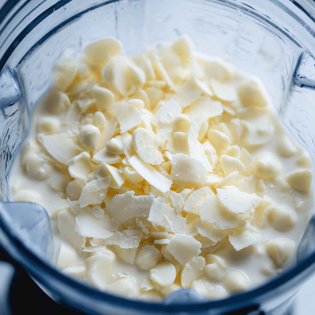 Blending coconut milk with white chocolate for smoothie base