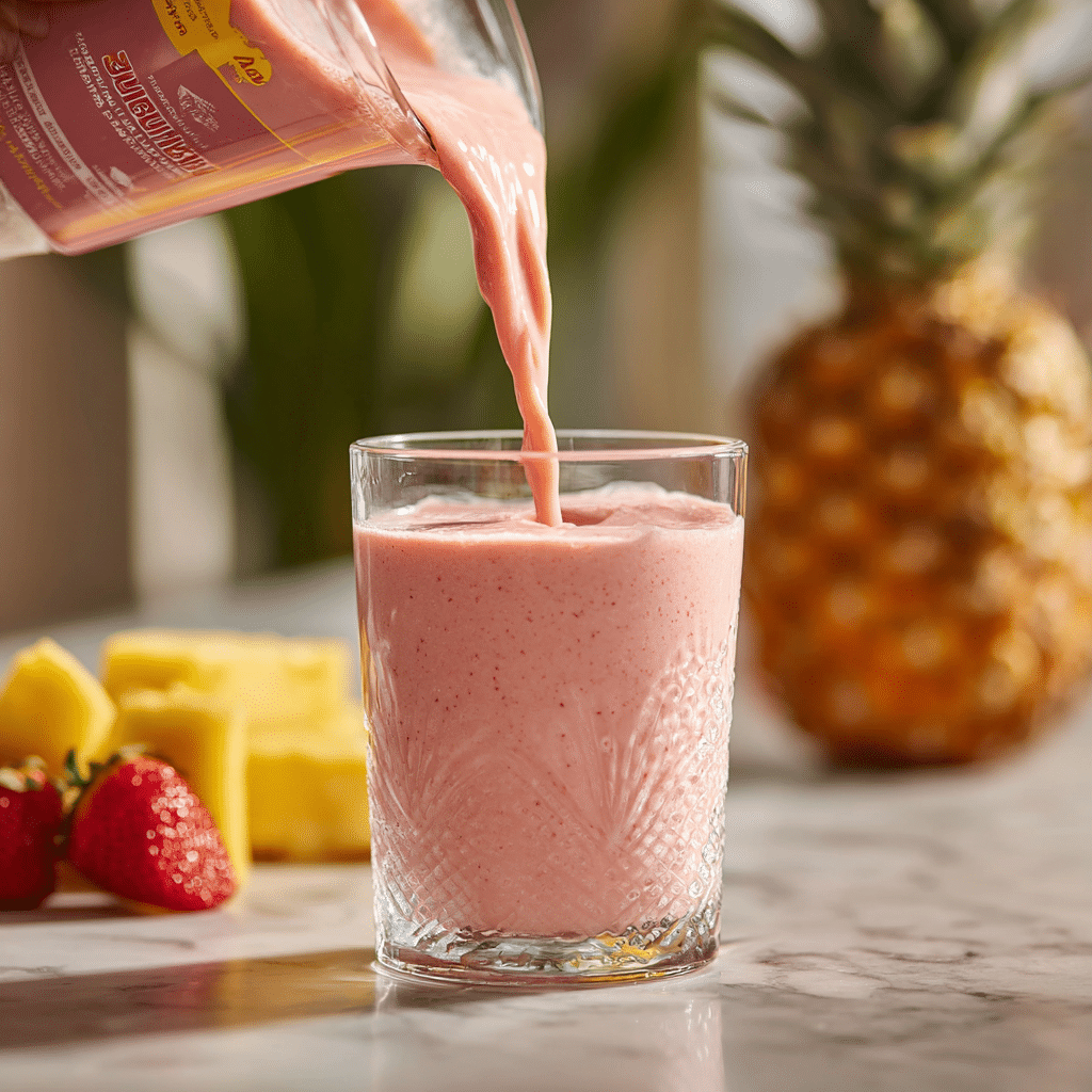 Pouring Bahama Mama Tropical Smoothie into serving glass