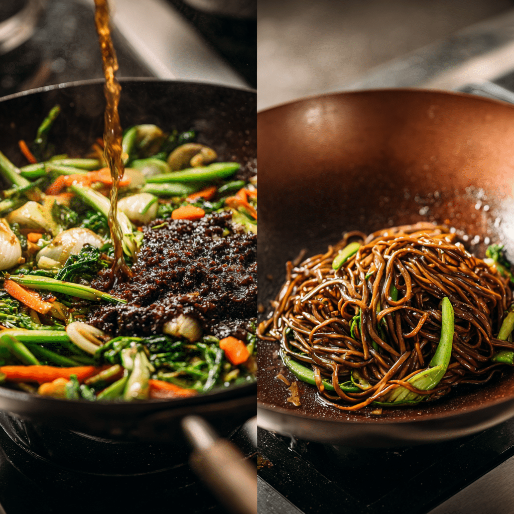 black-bean-noodles-vegetarian-recipe-cooking Cooking process of black bean noodles vegetarian recipe in a wok