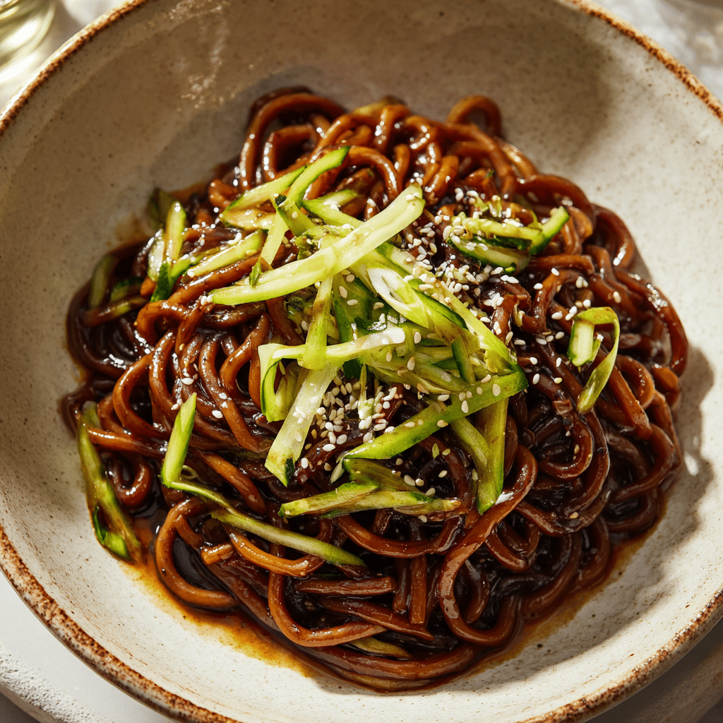 black-bean-noodles-vegetarian-recipe-featured Black bean noodles vegetarian recipe in ceramic bowl topped with cucumbers