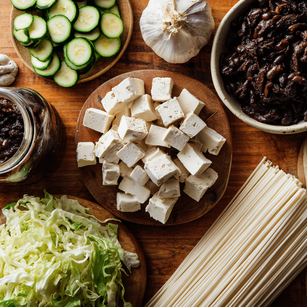 black-bean-noodles-vegetarian-recipe-ingredients Ingredients for black bean noodles vegetarian recipe laid out on a wooden counter