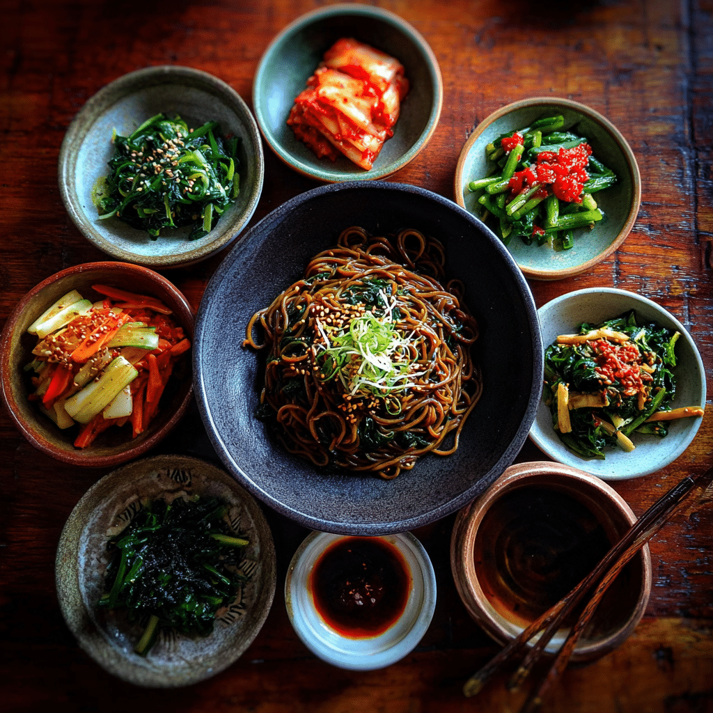 black-bean-noodles-vegetarian-recipe-sides Black bean noodles vegetarian recipe served with Korean banchan sides