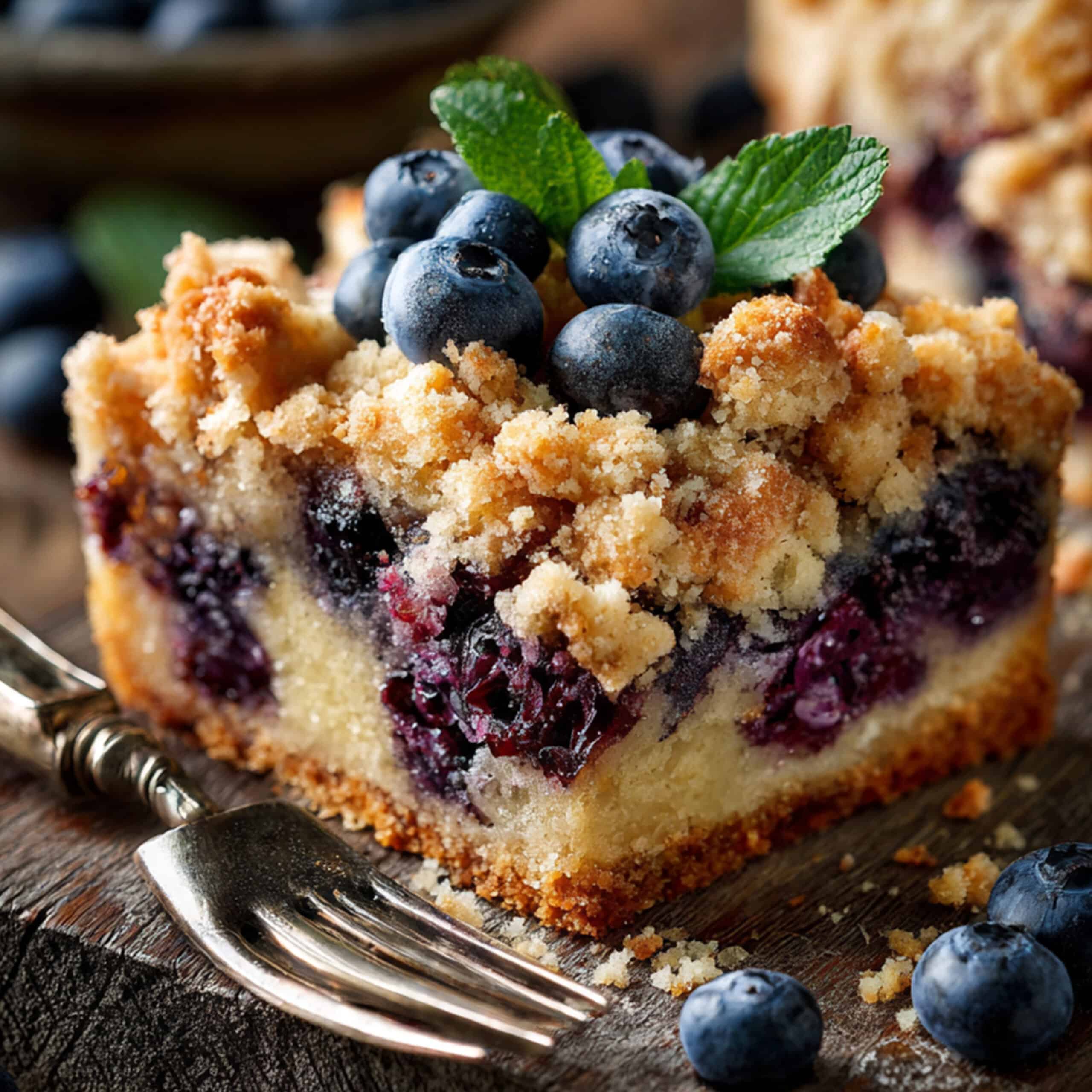 blueberry coffee cake recipe with crumb topping on wooden table