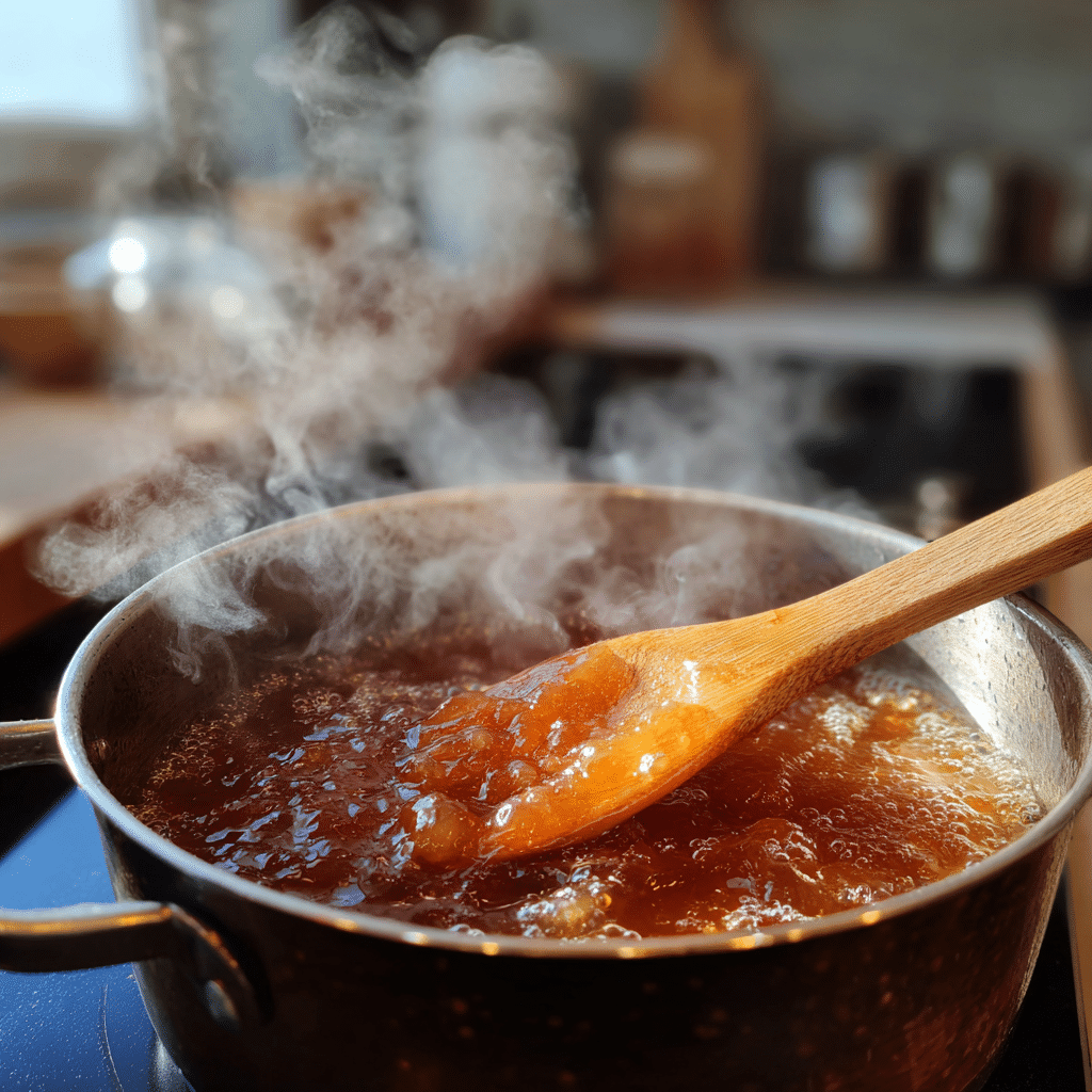 boiling-peach-jam-process Cooking peach jam recipe on stove
