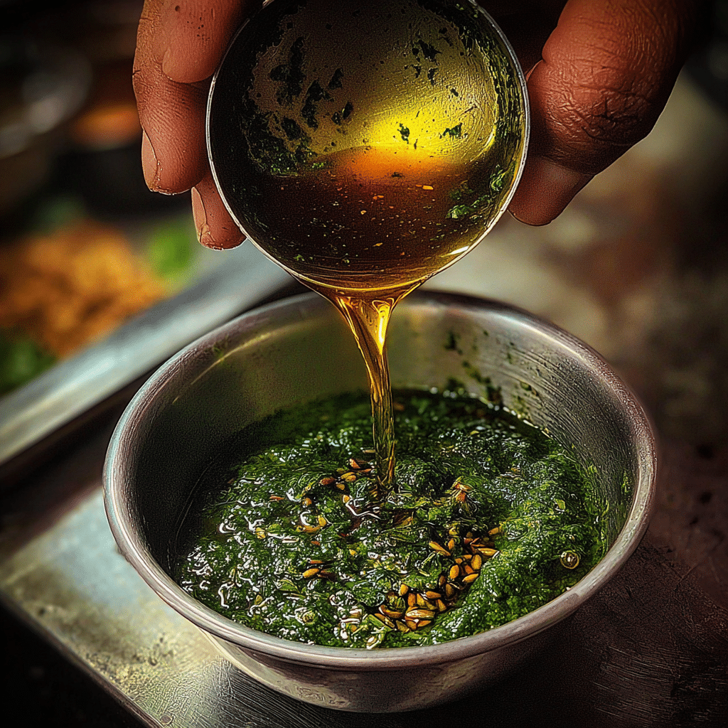 tempering poured over hands coriander coconut chutney