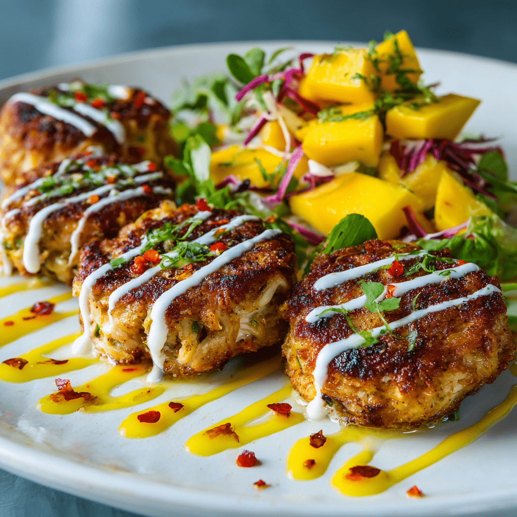 Island-style crab and coconut cakes with mango salad