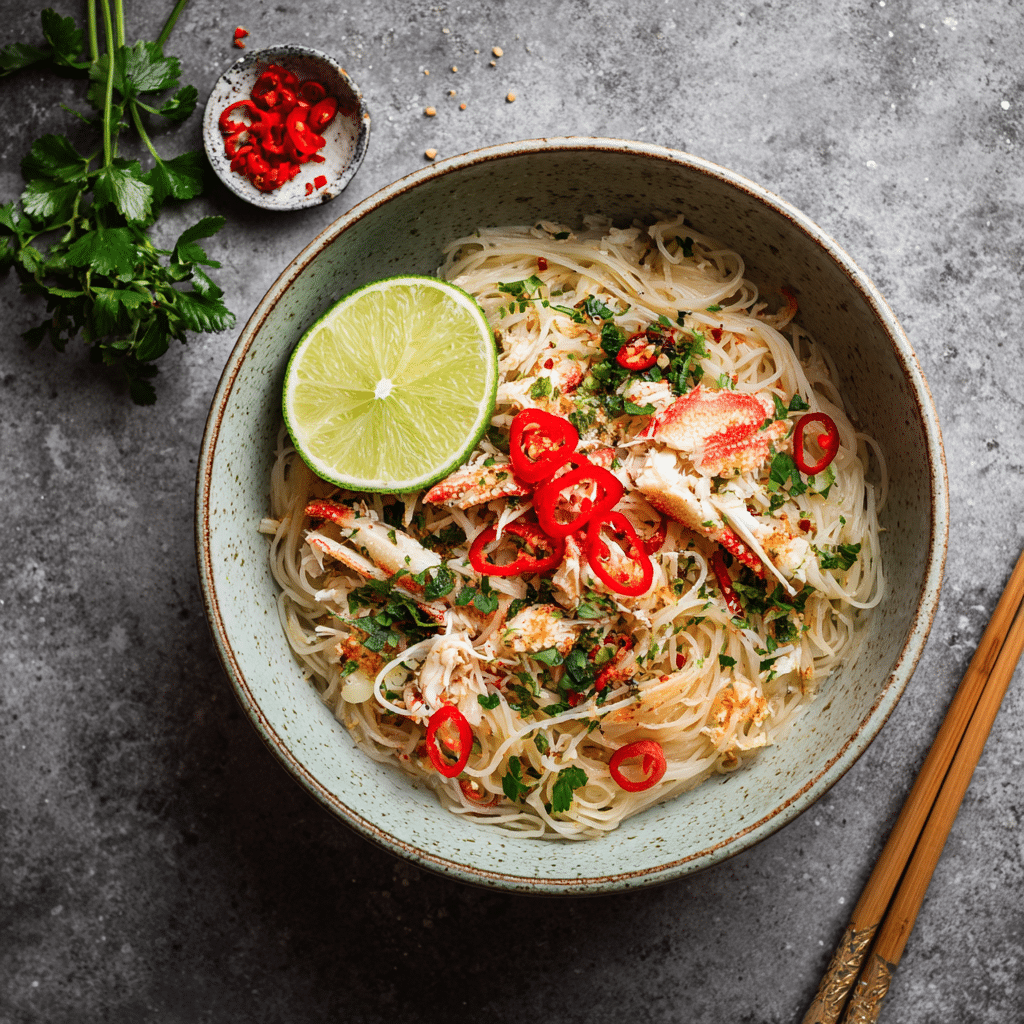 Coconut crab noodle bowl with lime and herbs