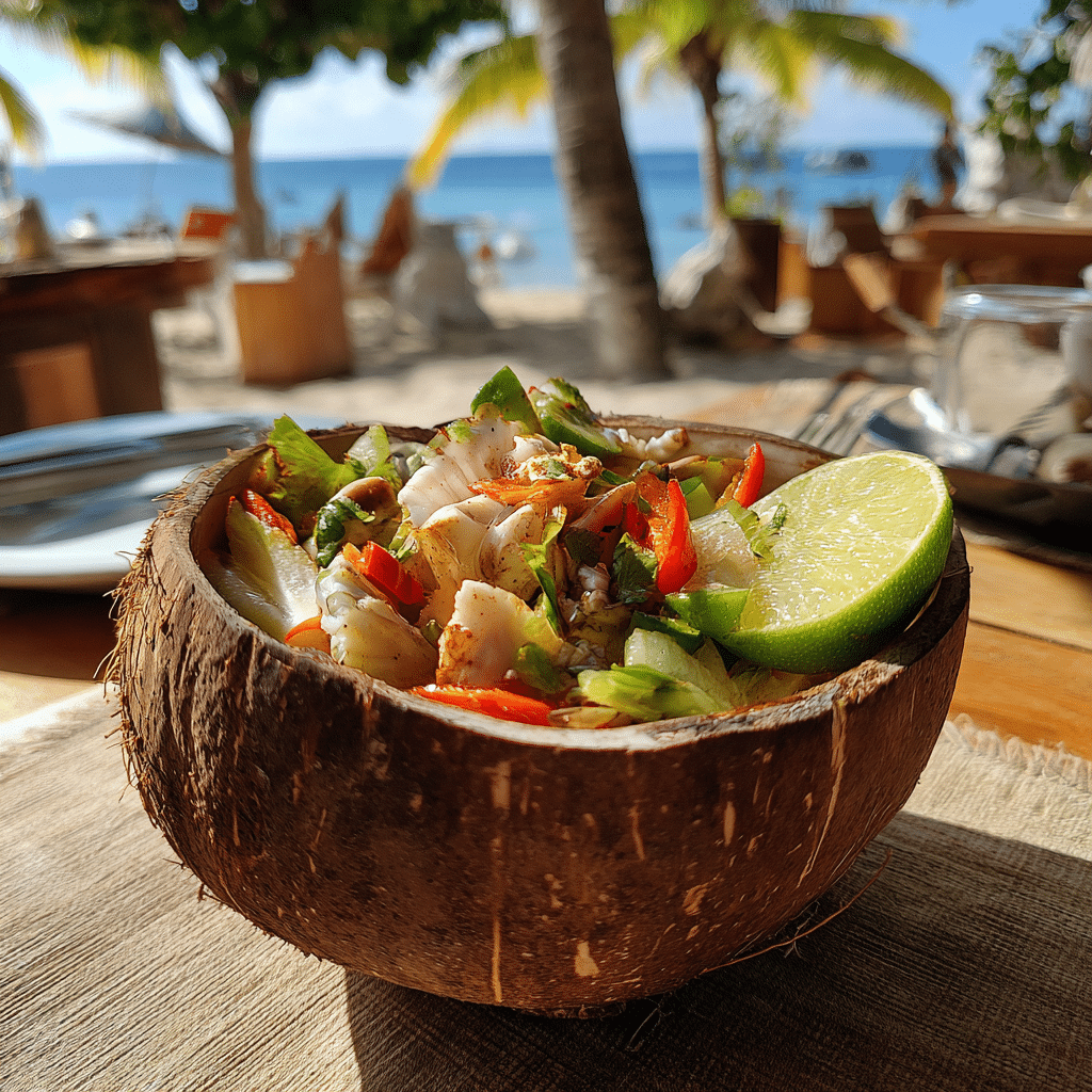 Caribbean conch salad served in coconut