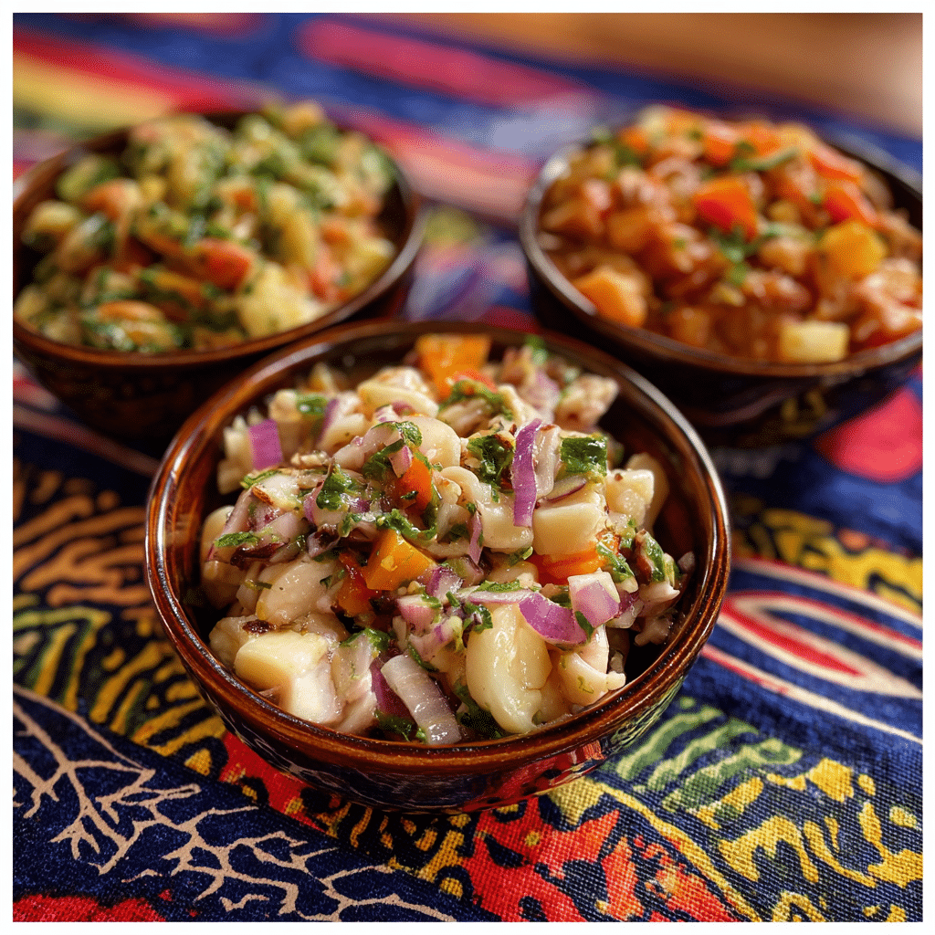 conch-salad-caribbean-versions Caribbean conch salad variations side-by-side