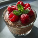 cottage cheese chocolate mousse with raspberries in a glass dish