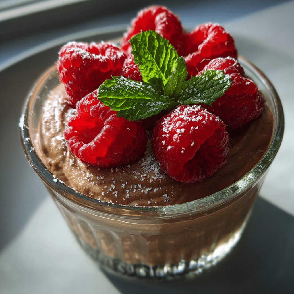cottage cheese chocolate mousse with raspberries in a glass dish