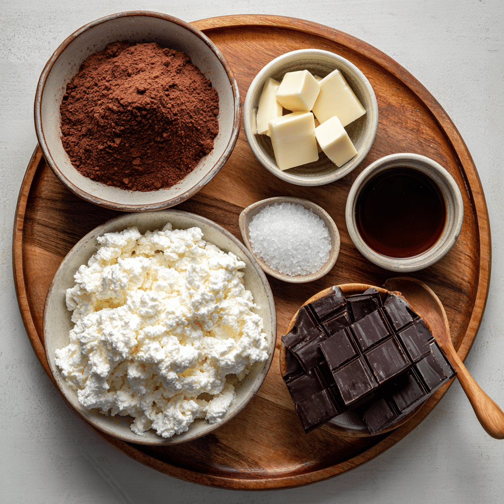 cottage cheese chocolate mousse ingredients on wooden board