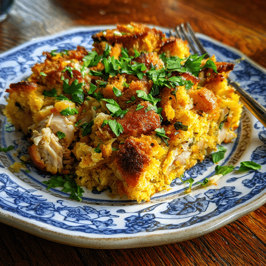 Southern-style Dolly's Chicken and Cornbread Stuffing Casserole