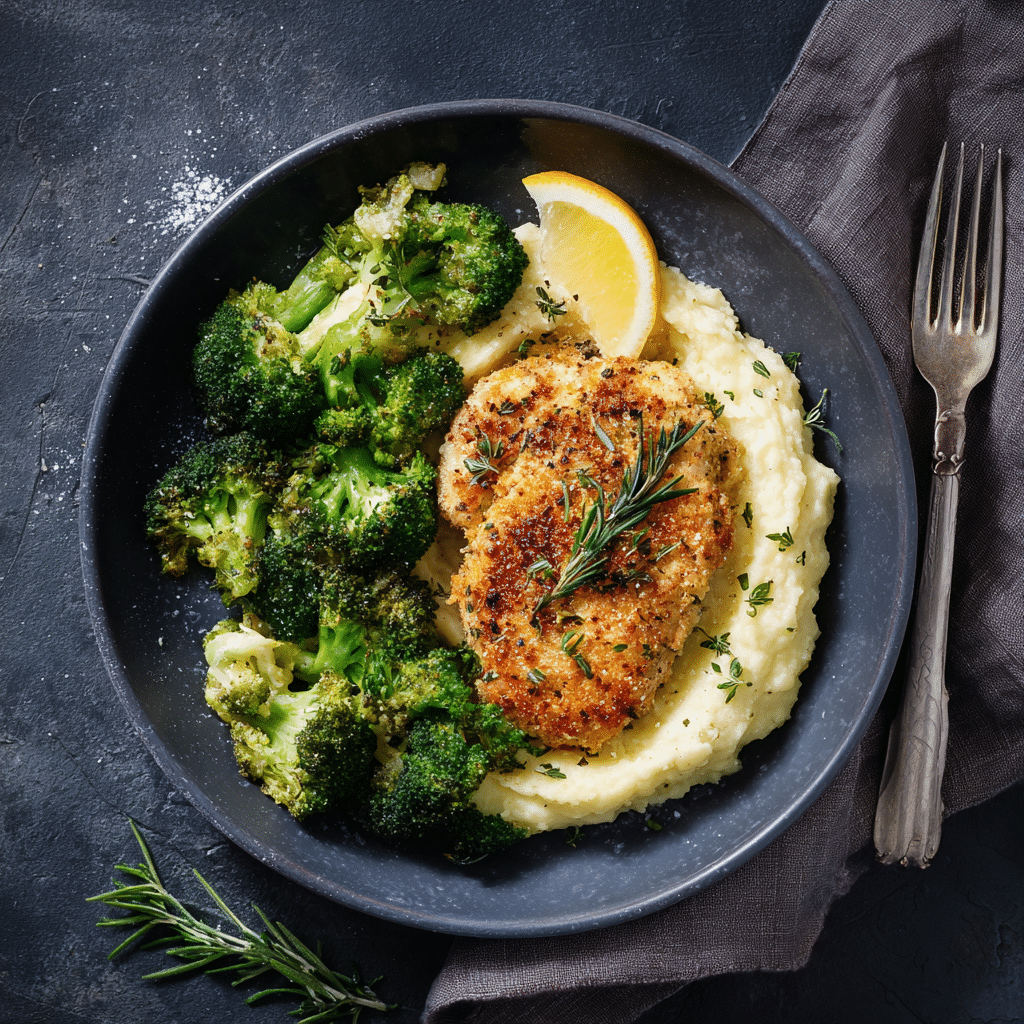 Lighter variation of parmesan crusted chicken with garlic sauce