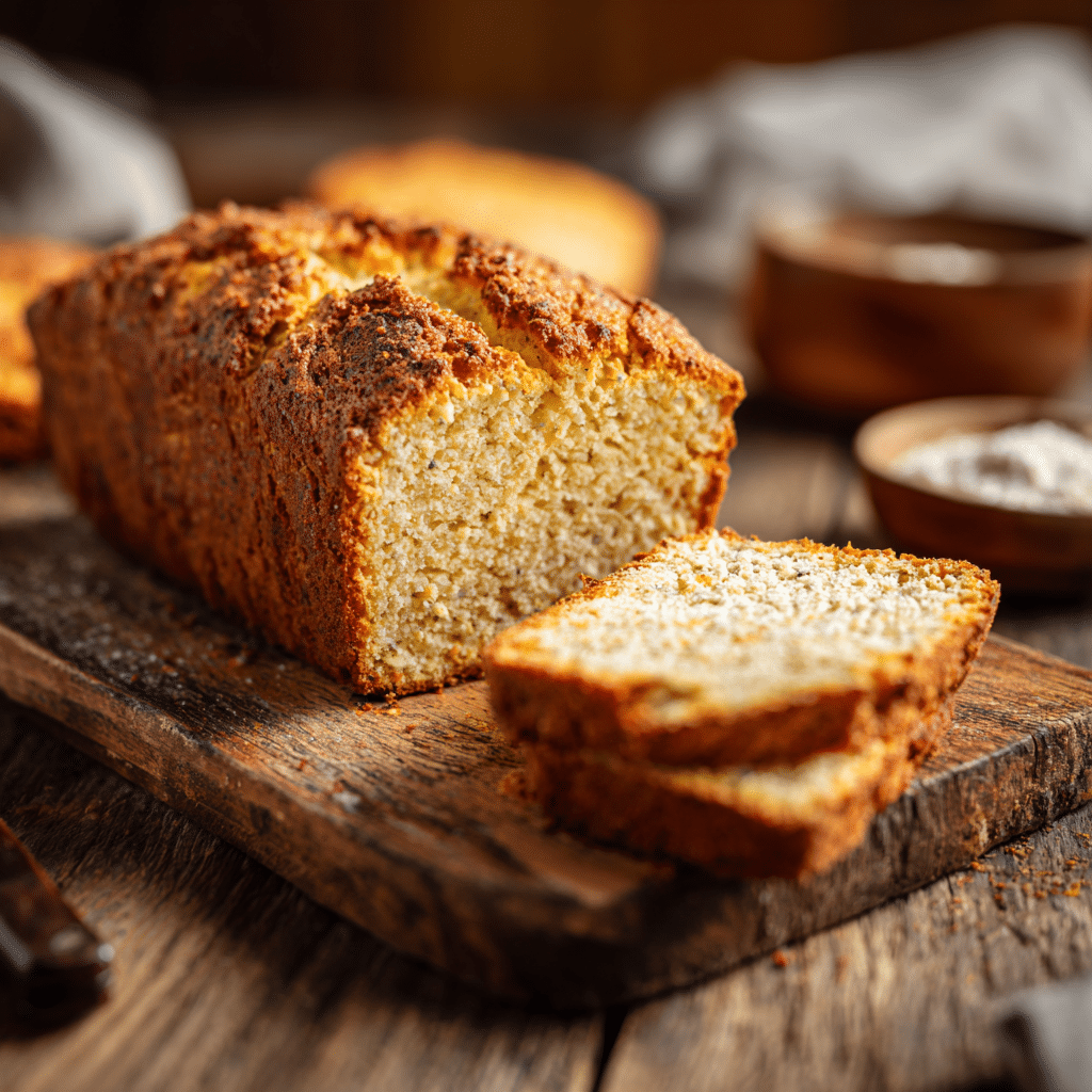 Keto bread loaf golden toasted on cutting board