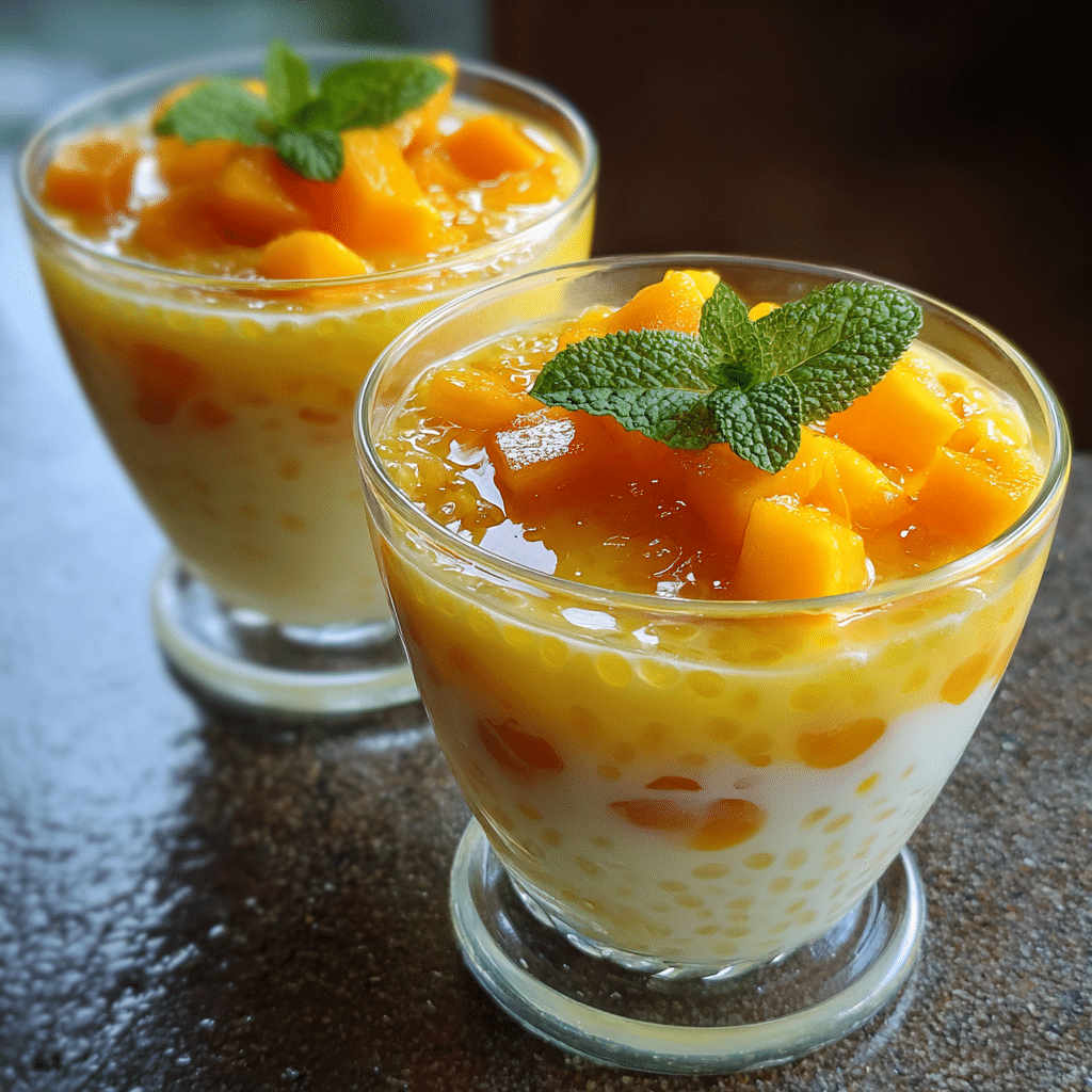 Mango sago recipe with coconut milk and ripe mango chunks