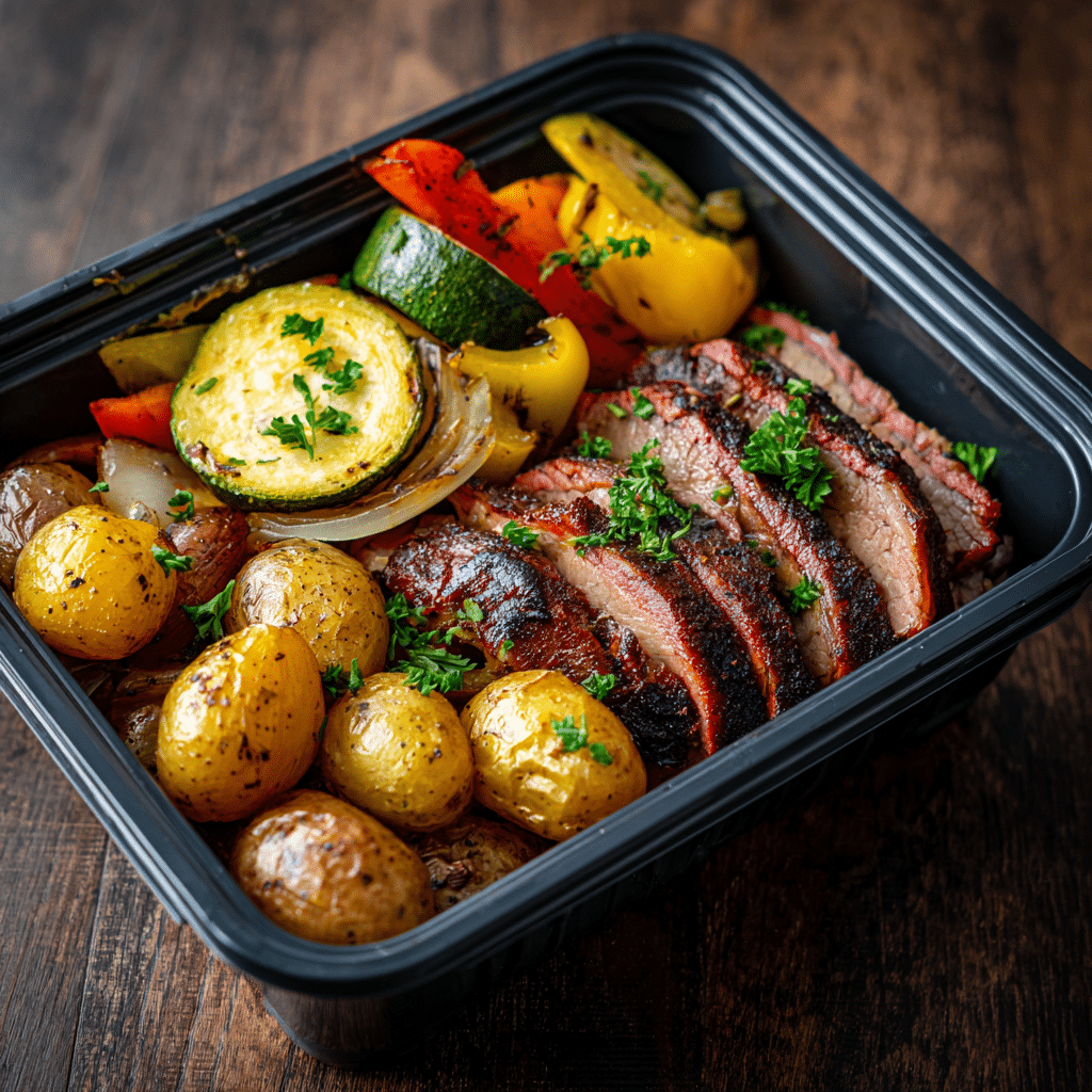 meal-prep-smoked-potato-bowl Meal prep bowl with smoked russet potatoes and brisket