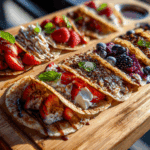 Assorted pancake tacos with sweet and savory fillings on brunch board
