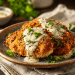 Parmesan crusted chicken with creamy garlic sauce served on a rustic plate
