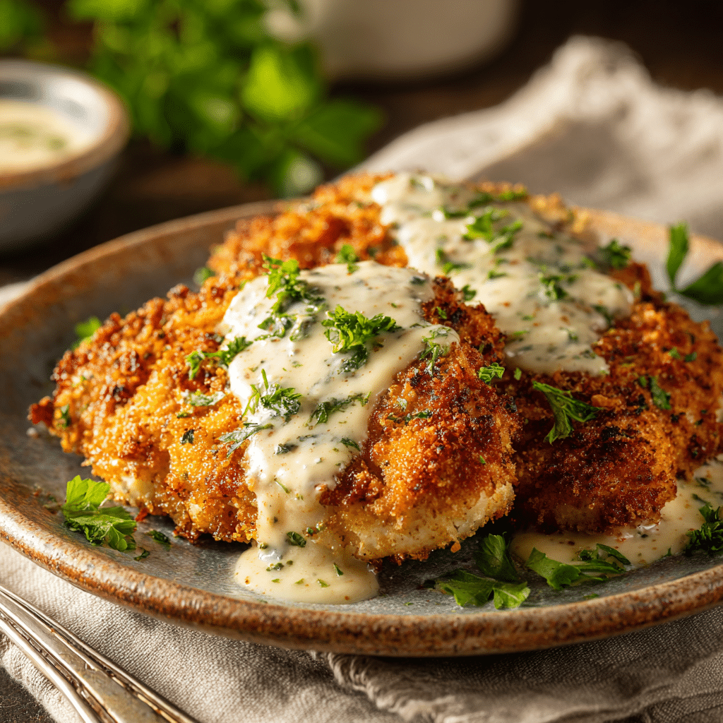 Parmesan crusted chicken with creamy garlic sauce served on a rustic plate