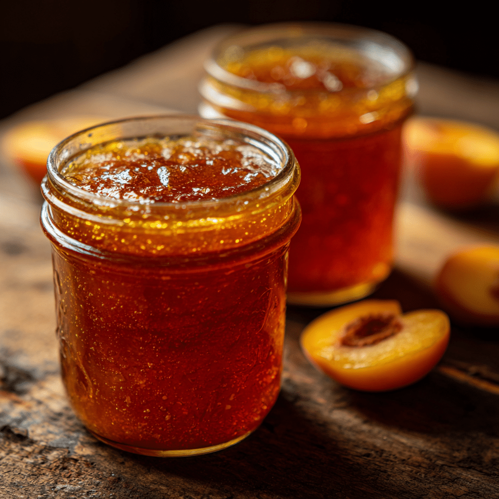 Homemade peach jam recipe in sealed jars