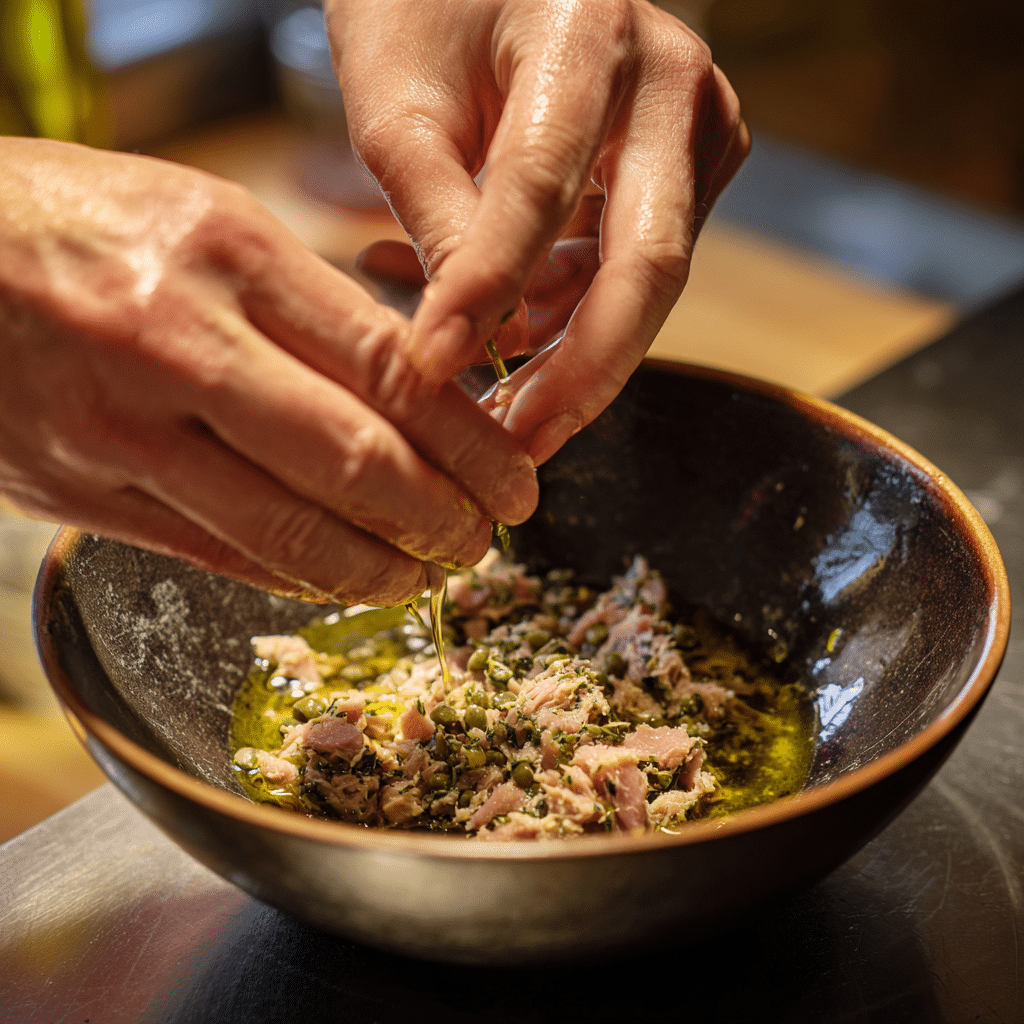 Preparing Buona Beef Tuna Genovese copycat sandwich filling