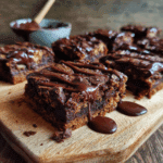 fudgy protein brownies on cutting board with chocolate drizzle