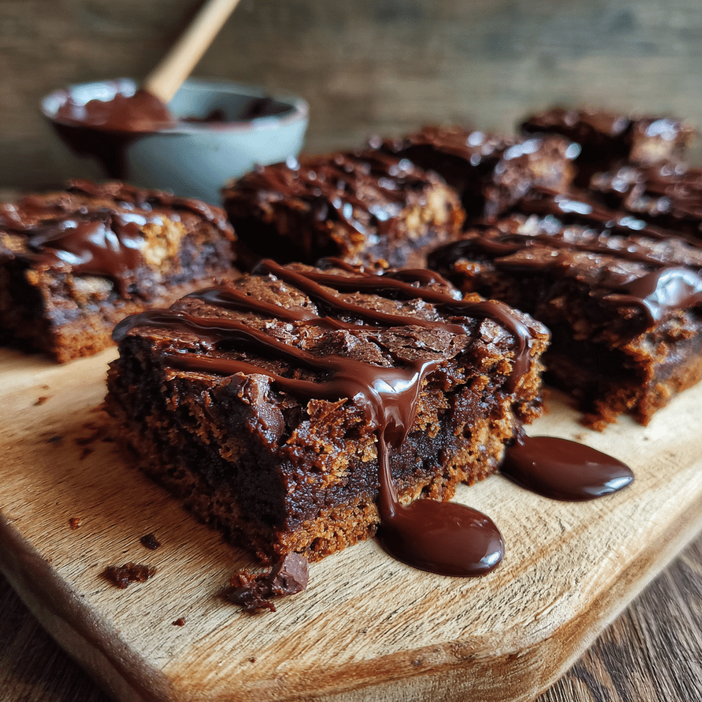 fudgy protein brownies on cutting board with chocolate drizzle