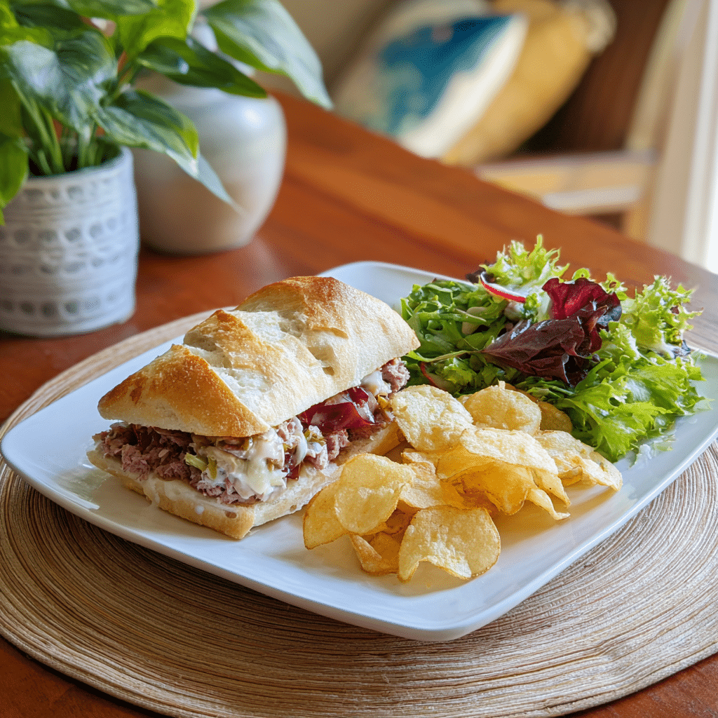 Served Buona Beef Tuna Genovese copycat sandwich with sides