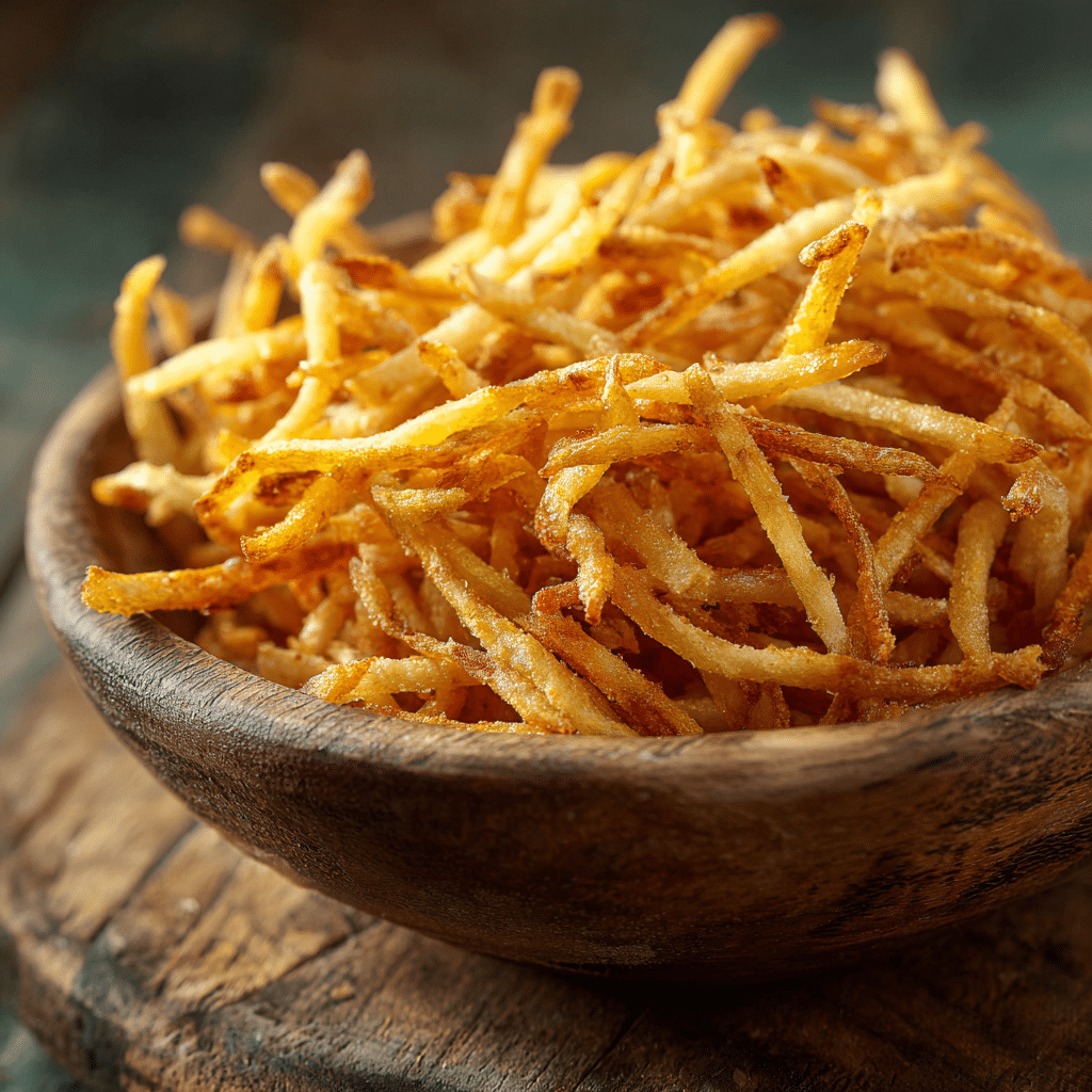 shoestring potato fries in a bowl close-up