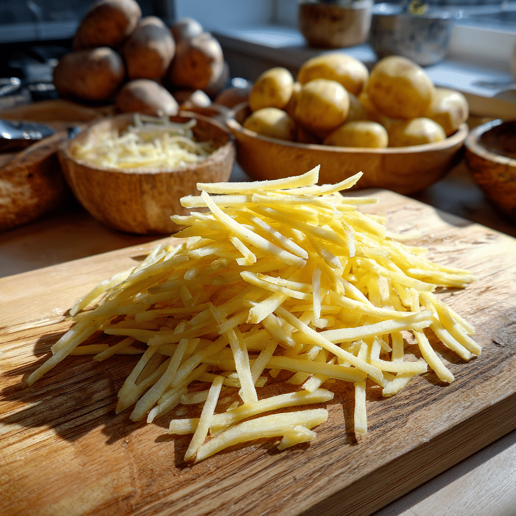 shoestring-potato-fries-prep-slices sliced potatoes for shoestring fries preparation