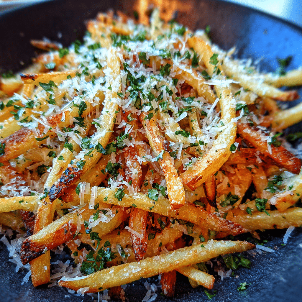 shoestring-potato-fries-seasoned-garlic-parmesan seasoned shoestring potato fries with garlic and parmesan