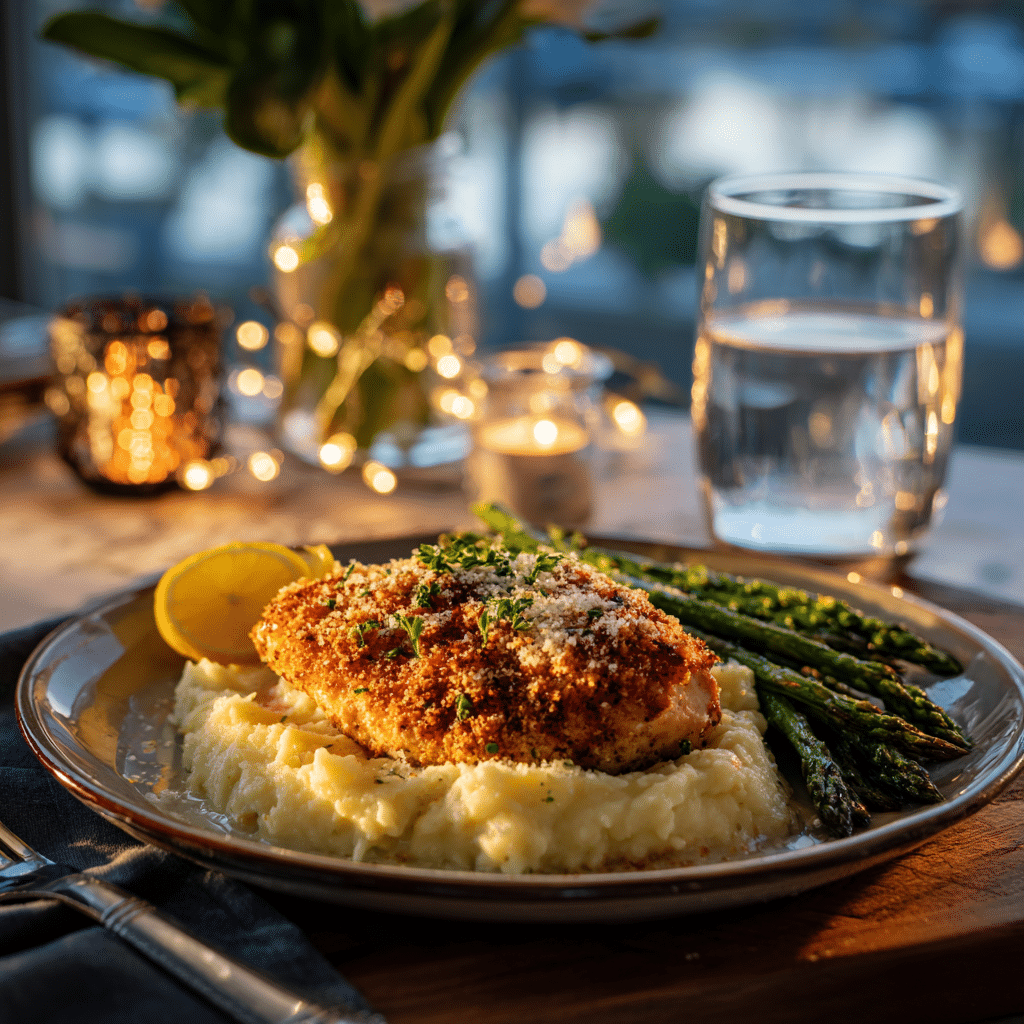 Parmesan crusted chicken with garlic sauce and perfect side dishes